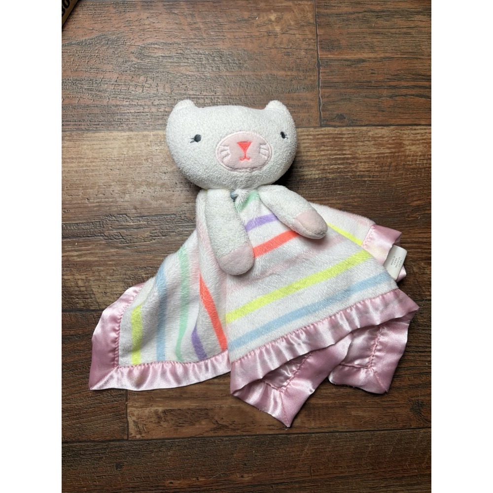 Cloud Island White Kitty Cat Striped Pink Satin Security Blanket/Lovey
